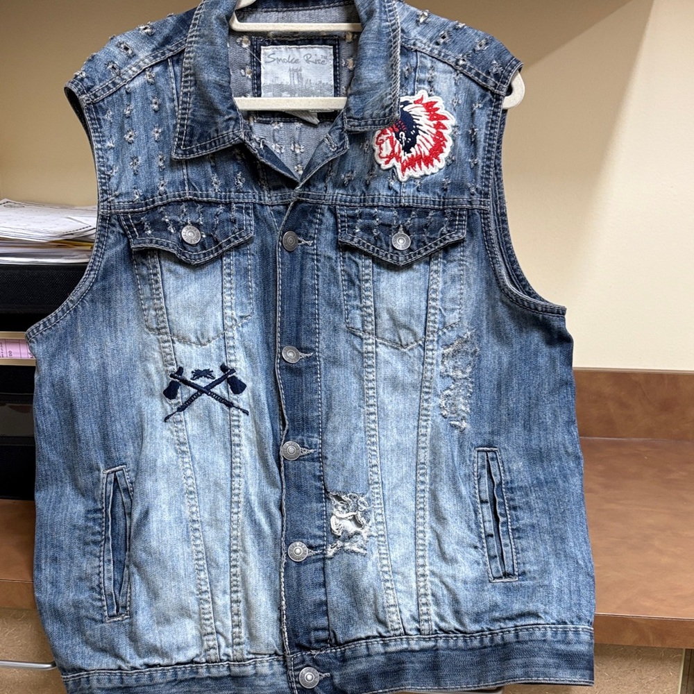 Vintage Smoke‎ Rise NY Distressed Denim Vest with Embroidered Patches SZ Large
